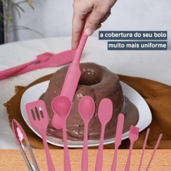 Kit de Utensílios de Silicone com 8 peças Rosa - OIKOS