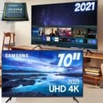 Smart TV Samsung 70" UHD 4K UN70AU7700GXZD Processador Crystal 4K Tela sem limites Visual Livre de Cabos Alexa built in Controle Único