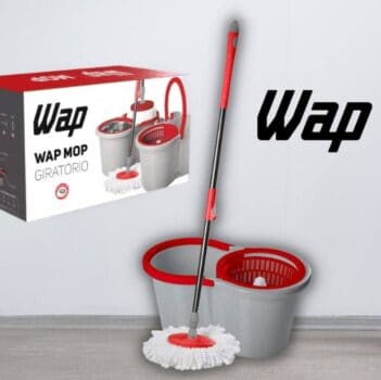 WAP MOP GIRATÓRIO Esfregão Multiuso para Limpeza Balde Centrífuga 14 Litros 360° Cabo Ajustável Alça Rodas e Refil, Vermelho com Cinza