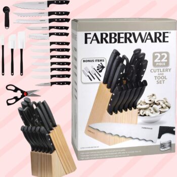 Farberware Conjunto de 22 peças de bloco de facas de aço inoxidável de alto carbono com borda ondulada resistente à ferrugem, madeira de faia/preta