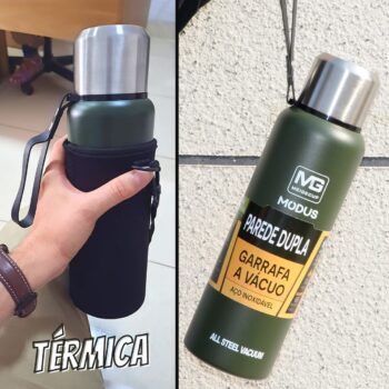 Garrafa Térmica De Aço Inoxidável Portátil Caneca Copo Com Corda E Bolsa (1000ML Verde)
