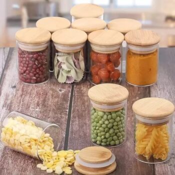 Kit 10 Potes de Vidro Empilháveis com Tampa de Bambu 200ml - Oikos