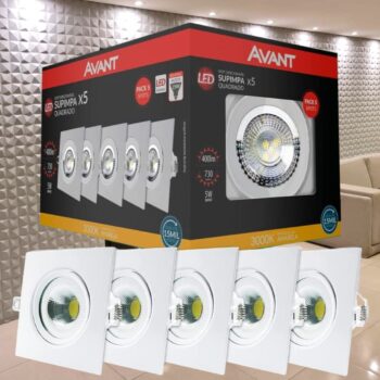 Kit Spot LED, 5 unidades, 5W, Luz amarela 3000K, Embutir, Quadrado, Bivolt, Avant