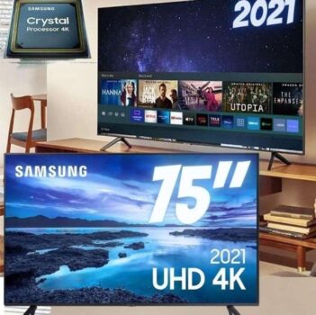 Smart TV Samsung 75" UHD 4K UN75AU7700GXZD Processador Crystal 4K Tela sem limites Visual Livre de Cabos Alexa built in Controle Único