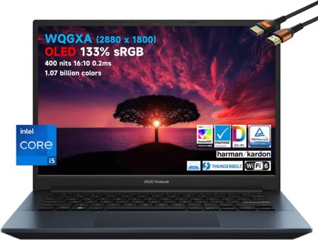 ASUS Laptop VivoBook Pro 14" OLED WQGXA (2880 x 1800) Slim Laptop, Intel Core i5-11300H até 4,4 GHz, 16:10 400 nits 133% sRGB Pantone, Harman/Kardon, Retroiluminado, Thunderbolt 4 (8GB RAM | SSD PCIe de 256 GB)