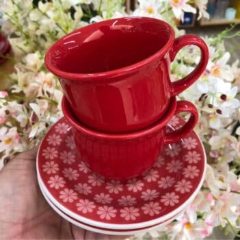 Conjunto com 6 Xícaras de Cafezinho Oxford Daily Floreal Renda Branco/Vermelho 65Ml