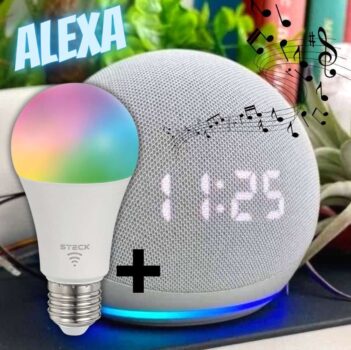 Echo Dot (4ª geração): Smart Speaker com Relógio e Alexa - Cor Azul + Lâmpada Inteligente Elgin