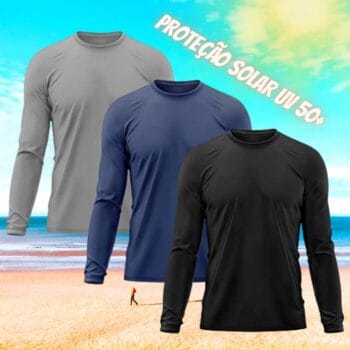 Kit 3 Camisetas Masculina Térmica Proteção Solar UV 50+ Praia Treino Academia Tshirt Praia Esporte Dry Fit Manga Longa