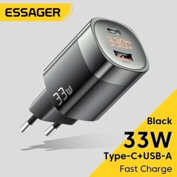 Carregador Rápido Essager GaN 33W, USB-C e USB-A, Com Display