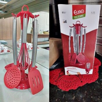 Conjunto de Gadgets de Silicone com Cabo Inox 7 Peças, Euro, SIL3390-VM, Vermelho