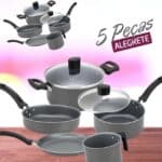 Conjunto de Panelas 5 Peças Alegrete Basic em Alumínio com Revestimento Antiaderente e Tampa de Vidro com Saída de Vapor - Cinza