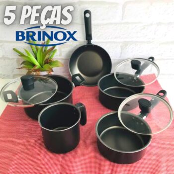 Conjunto de Panelas 5 Peças Brinox Ebony em Alumínio com Revestimento Antiaderente Pro-Flon e Tampa de Vidro Temperado - Preto