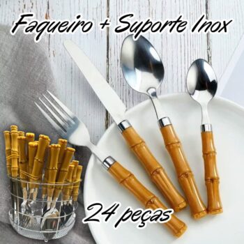 Conjunto Talheres Faqueiro Estilo Bambu 24 Pç + Suporte Inox