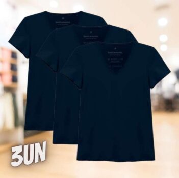 Kit 3 Camisetas Babylook Básicas Gola V, Basicamente, Feminina