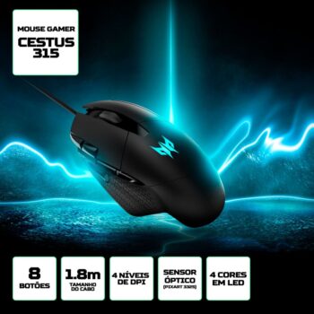 Acer Mouse para jogos Predator Cestus 315: até 6500 DPI - 8 botões incluindo Burst Fire - Configuração de troca DPI de 4 níveis com 4 cores de LED - Sensor Pixart 3325 - Preto