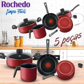 Conjunto de Panelas 6 Peças Rochedo Limpa Fácil com Panela de Pressão em Alumínio com Revestimento Antiaderente – Vermelho