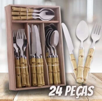 Faqueiro 24 Peças de Aço Inox com Cabo de Plástico e Estojo Bambu - Lyor