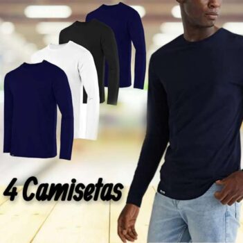 Kit com 4 Camisetas Masculinas Básicas Manga Longa Slim Fitness