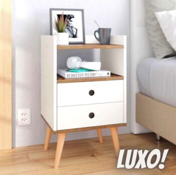 Mesa De Cabeceira Quarto Dream 2 Gavetas com Pés Estilo Retrô (Off White/Freijo)
