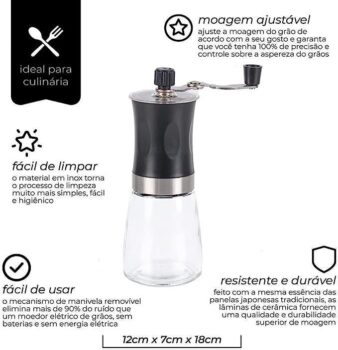 Moedor Manual de Café e Grãos Inox e Vidro Com Núcleo em Cerâmica