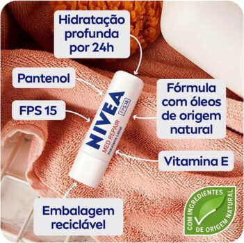 NIVEA Protetor Labial Med Repair FPS15 4,8g - Hidrata e regenera os lábios ressecados e machucados, com Vitamina E e óleos naturais, proporciona reparação intensiva e alívio imediato