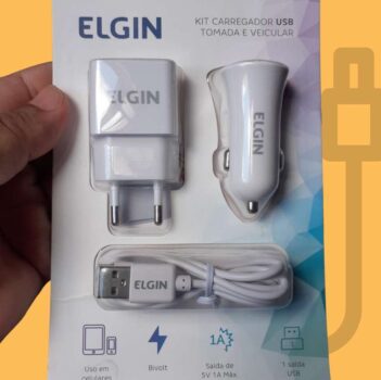 Carregador USB de Tomada + Carregador Veicular 1 Saída 1A 5W + Cabo MicroUSB de 1 Metro Elgin Branco Bivolt