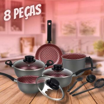 Conjunto Panelas Elegan Prime 8 Peças Grafite com Rosa - Dona Chefa