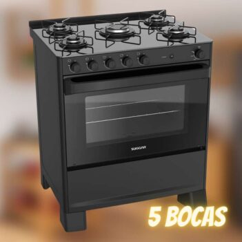 Fogão Cook Mesa de Vidro 5 Bocas Preto - SUGGAR - FGV508PT