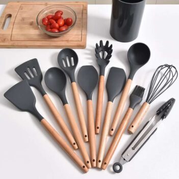 Kit 12 Utensílios De Cozinha Em Silicone E Cabo De Madeira - MIXTOU