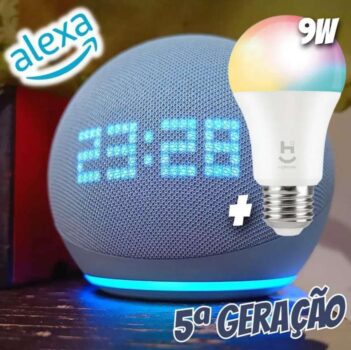 Novo Echo Dot 5ª geração com Relógio | Smart speaker com Alexa | Cor Branca + Lâmpada Genov 9w