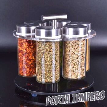 Porta Tempero 6 potes Condimentos Saleiro Inox C/Base Giratoria Gourmet