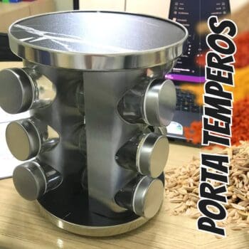Porta Temperos e Condimentos Giratório Inox Design Mármore Preto