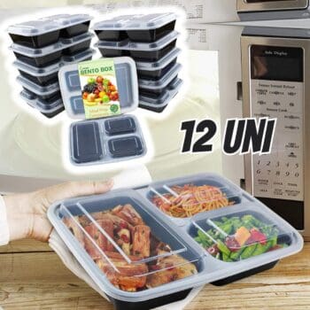 Recipientes Bento para refeições Enther com tampas, capacidade de 1 kg, pacote com 12 unidades, preto