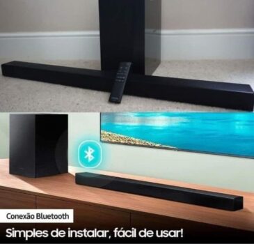 Soundbar Samsung, 2.1 Canais, 410W RMS, Bluetooth, Subwoofer Sem Fio, Preto - HW-A555