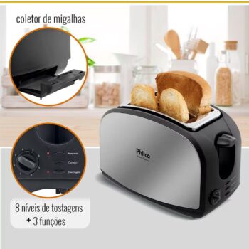 Tostador Philco French Toast com Função Descongelar 8 Níveis de Tostagem Inox