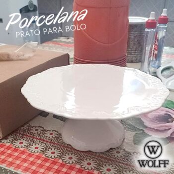 WOLFF Alto Relevo Prato para Bolo com Pé de Porcelana, Branco, 21 x 9 cm