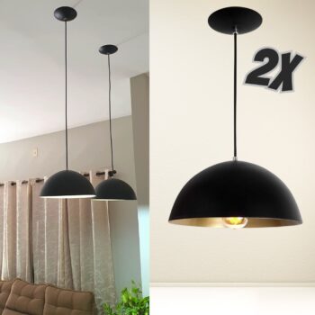 Combo Kit com 2 Pendentes Ônix Meia Esfera Preto Dourado Alumínio 30Cm Luminária Lustre