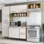 Cozinha Completa Poliman Pequim com 7 Portas, 1 Gaveta e 3 Prateleiras - 200cm de largura - Carvalho Oak/Off White