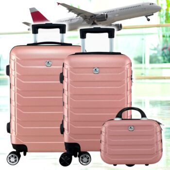 Kit Mala Bordo Viagem Frasqueira Bagagem de Mão ANAC Regulamentada ABS Rígido Roda 360º (Rose)