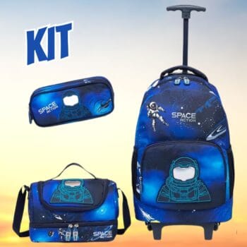 Kit Mochila de Rodinhas Infantil Menino Estojo Duplo Escolar Lancheira Térmica Masculina
