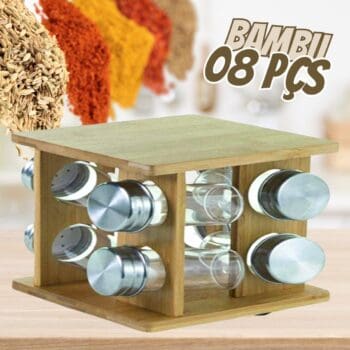 Mimo Style Porta Condimentos De Encaixe Compacto, Feito de Bambu. O Conjunto Com 08 Pçs Ainda Conta com um Suporte Para Organizar os Temperos. É a Melhor Escolha Para Amantes de Especiarias, AJ19186