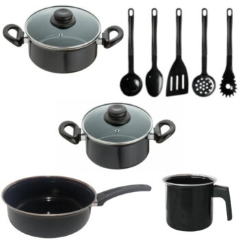 Jogo Panelas Preta Indução Cooktop Elétrico à Gás 9 Peças