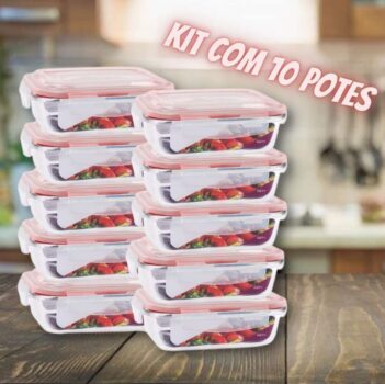 KIT 10 Potes de Vidro Retangular com Tampa Hermética 640ml Cor:Vermelho (QH)