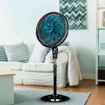 Ventilador Mallory Coluna Athos Preto - Azul 220V Hélice de 15 Pás Silêncio e Elegância