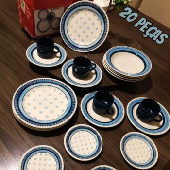Aparelho de Jantar e Chá 20 Peças Biona de Cerâmica - Redondo Branco e Azul Donna