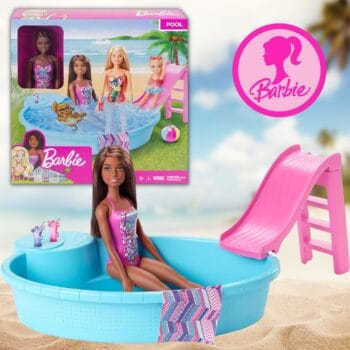 Barbie Conjunto de Brinquedo Maiô Rosa e Piscina para crianças a partir de 3 anos