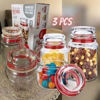 Conjunto com 3 Potes Multiuso de Vidro, com tampa Herméticas, Vermelho, VDR1129-VM, Euro Home