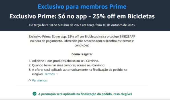 Exclusivo Prime: Só no app - 25% off em Bicicletas