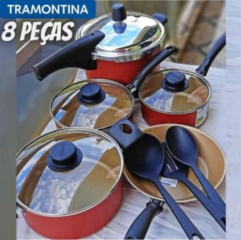 Jogo de Panelas Tramontina Antiaderente - de Alumínio Vermelho 8 Peças Turim 20298/719
