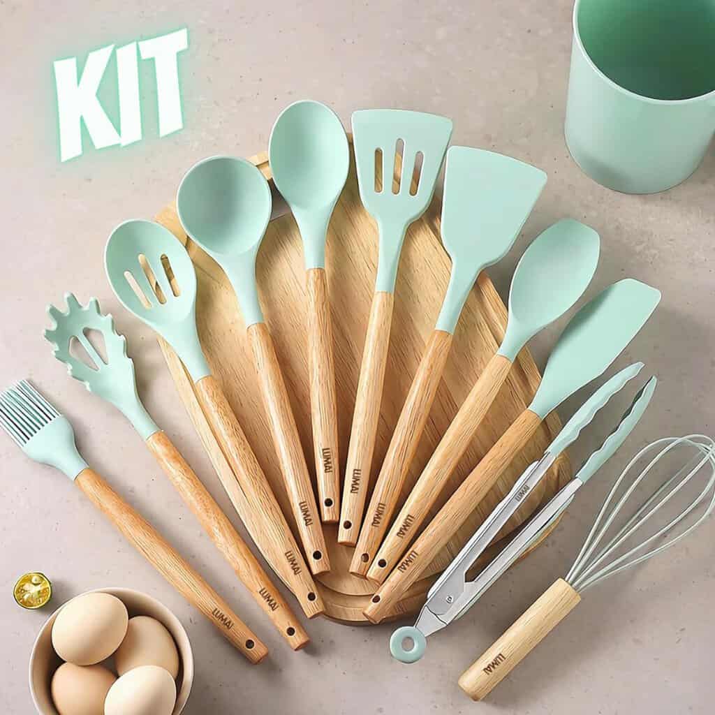 Kit 12 Utensílios De Cozinha Em Silicone E Cabo De Madeira LUMAI (Azul)